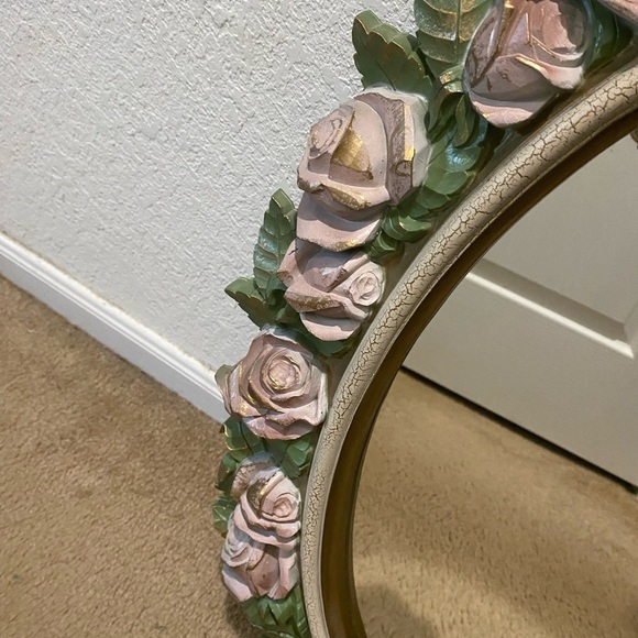 Vintage Home Interiors Shabby Chic Pink Gold Floral Oval Wall Mirror 27”x 20” - Picture 5 of 14